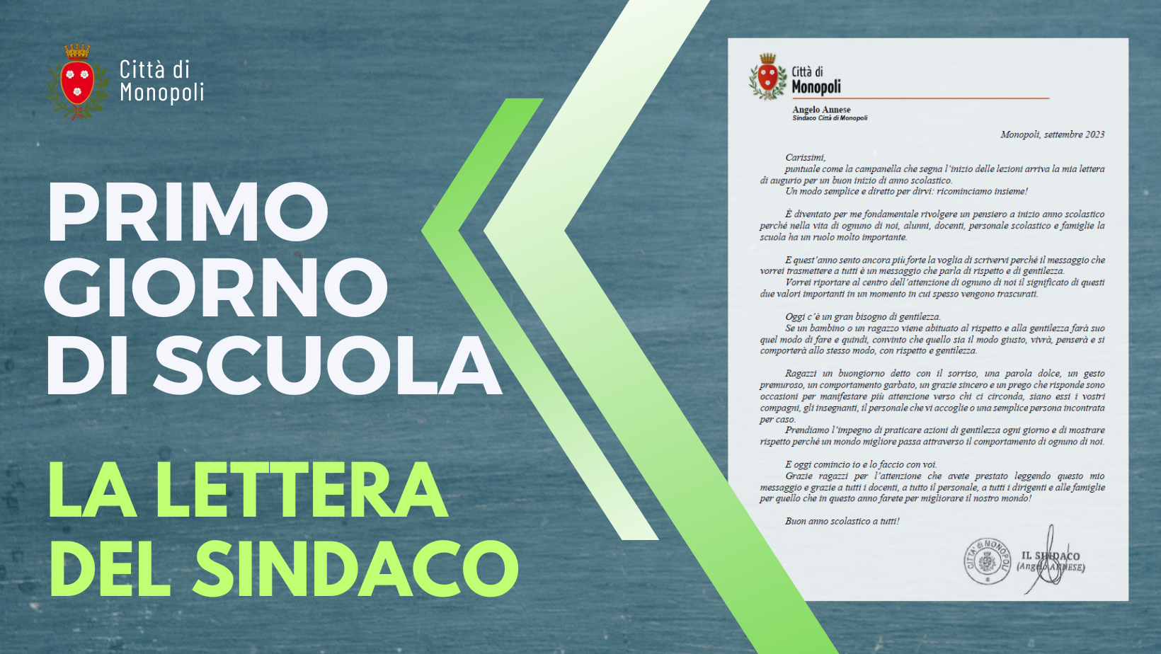 Immagine: PRIMO GIORNO SCUOLA - LETTERA SINDACO