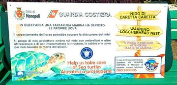 Un cartello per segnalare il nido di tartaruga caretta caretta